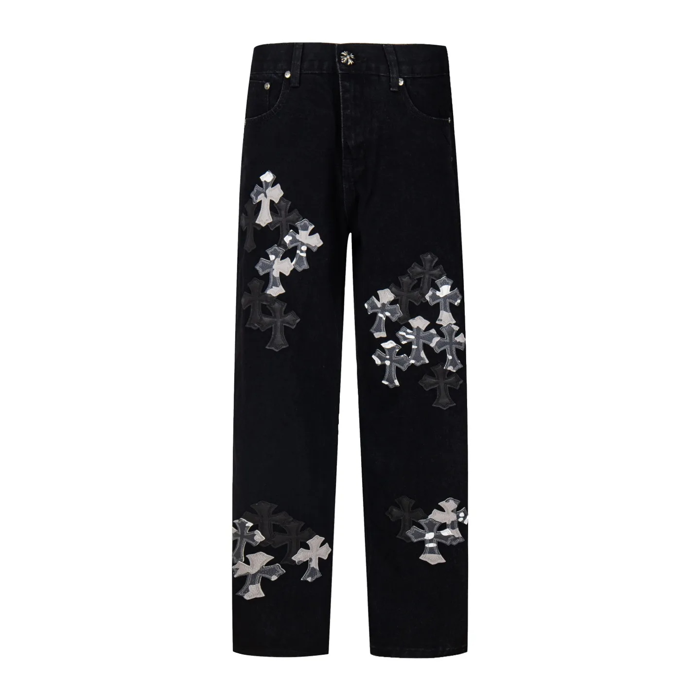 P260 💰 (Top version) Chrome hearts washed jeans with black multi-leather elements and full details. It truly restores the ultimate texture of Vintage. Three-dimensional version. Loose and comfortable, not picky about the figure. It looks taller and slimmer. Factory precision. Original factory quality control. Same style for men and women. Can be matched with couples. Versatile recommendation. Must-have jeans for all seasons. Fashionistas have been disappointed. From the quality selection of fabrics, the tailoring of details, and the matching of patterns, they are all impeccable! The upper body is so handsome when worn...it can be easily worn by men, women and children! The craftsmanship is made of heavy-duty washed pure cotton denim fabric. After washing, it is soft and thick. It is very stylish when worn on the body. Color: black Size: 28-30-32-34-36 (corresponding to S-M-L-XL-XXL)